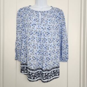 Boho Peasant Blouse Blue Floral Paisley Cottagecore Tunic Top St John's Bay SZ L